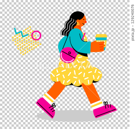 コーヒーを持って歩く若い女性のポップでカラフルなイラスト 129240076