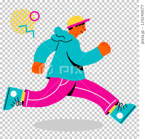 元気に走る若い男性のポップでカラフルなイラスト 129240077