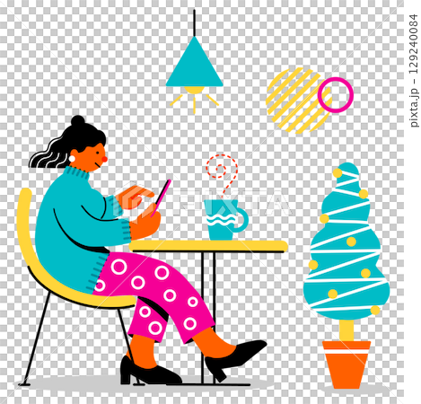 一位年輕女子在咖啡館使用智慧型手機的流行彩色插圖 129240084