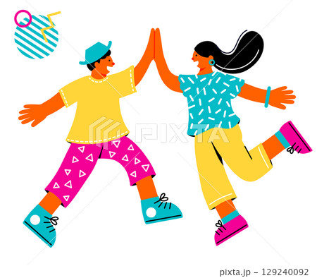 ハイタッチして喜ぶ若い男女のポップでカラフルなイラスト 129240092