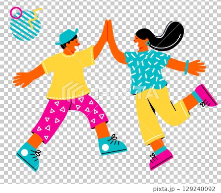 一幅色彩鮮豔的流行插畫，描繪了一對年輕男女擊掌慶祝的場景 129240092