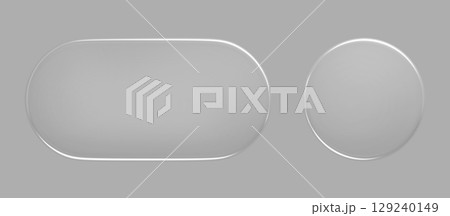 3d glass morphism button icons, ui elements for web or mobile app, navigation bar or menu website. Translucent frames of rectangle, circle shape with rounded design and glowing edges. 3D illustration 129240149