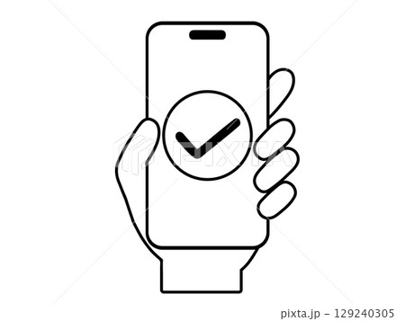 スマホ操作をする手のモノクロイラスト｜完了・承認・確認などのアイコン 129240305