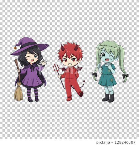 A cute child in a anime-style cartoon Halloween costume, happy for Halloween. Transparent background. 129240307