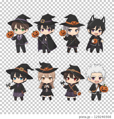 A cute child in a anime-style cartoon Halloween costume, happy for Halloween. Transparent background. 129240308