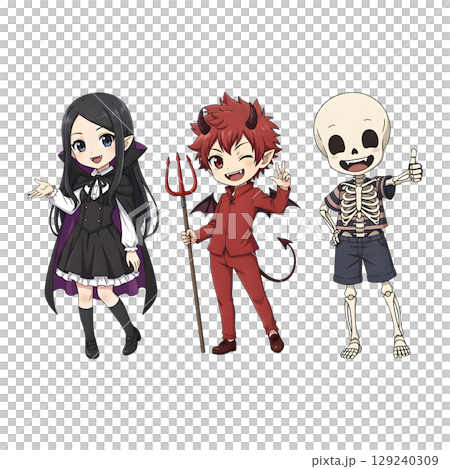 A cute child in a anime-style cartoon Halloween costume, happy for Halloween. Transparent background. 129240309