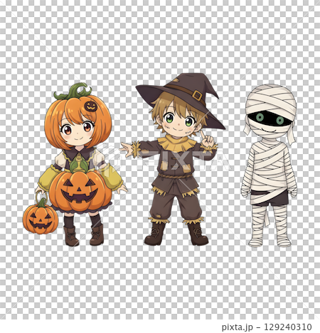 A cute child in a anime-style cartoon Halloween costume, happy for Halloween. Transparent background. 129240310