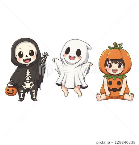 A cute child in a anime-style cartoon Halloween costume, happy for Halloween. Transparent background. 129240339
