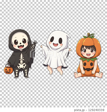 A cute child in a anime-style cartoon Halloween costume, happy for Halloween. Transparent background. 129240339