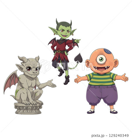 A cute child in a anime-style cartoon Halloween costume, happy for Halloween. Transparent background. 129240349