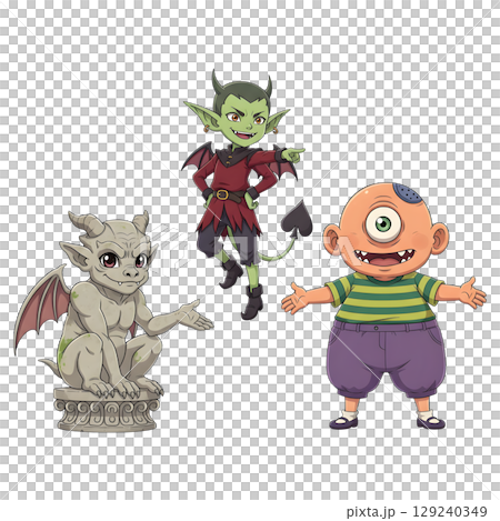 A cute child in a anime-style cartoon Halloween costume, happy for Halloween. Transparent background. 129240349