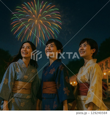 花火を夜風に吹かれながら浴衣をなびかせる3人が見上げる場面の画像を生成しました 花火を夜風に吹かれながら浴衣をなびかせる3人が見上げる場面の画像を生成しました 129240384