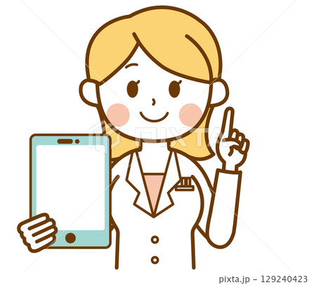 タブレットを持ってポイントを説明する白衣を着た女性のイラスト タブレットを持ってポイントを説明する白衣を着た女性のイラスト 129240423