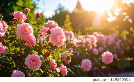 Pink rose flowers bloom beautifully in a vibrant spring garden 129240506