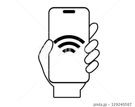 スマホ操作をする手のイラスト｜Wi-Fi・ネットワーク接続・無線通信などのモノクロアイコン 129240587