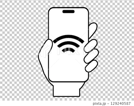 スマホ操作をする手のイラスト｜Wi-Fi・ネットワーク接続・無線通信などのモノクロアイコン 129240587