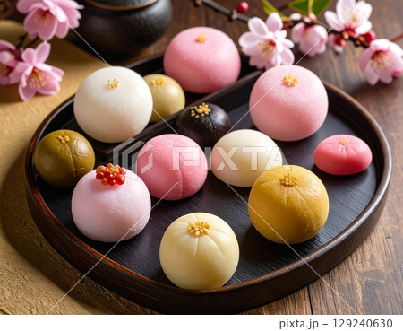 お盆に並べた和菓子 129240630