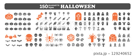 Halloween icon set. 150 cute minimal silhouette elements on transparent background. 129240652
