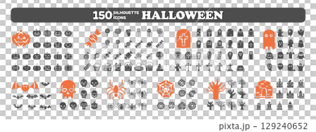 Halloween icon set. 150 cute minimal silhouette elements on transparent background. 129240652