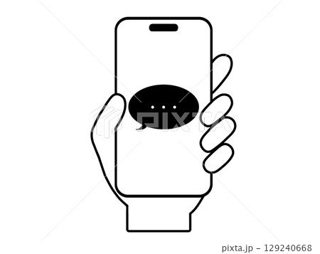 スマホ操作をする手のイラスト｜メッセージ・チャット・トークなどのモノクロアイコン 129240668