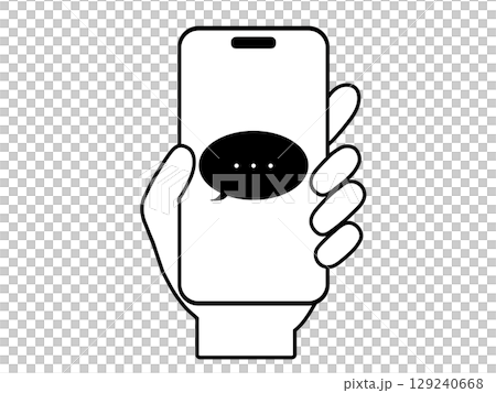 スマホ操作をする手のイラスト｜メッセージ・チャット・トークなどのモノクロアイコン 129240668