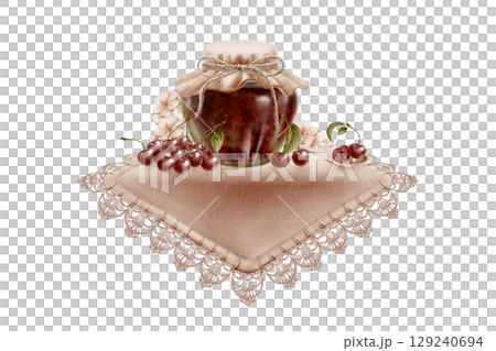 Round glass jar of cherry jam with fabric lid and twine tied in a bow with cherry berries,flowers,leaves and pips,with spoon on linen napkin with crochet lace trim border.Watercolor illustration Round glass jar of cherry jam with fabric lid and twine tied in a bow with cherry berries,flowers,leaves and pips,with spoon on linen napkin with crochet lace trim border.Watercolor illustration 129240694