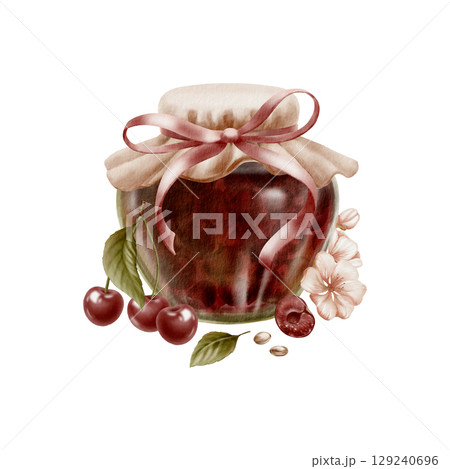 Cherry jam in glass jar covered fabric lid with ribbon bow,cherries,leaves,beans.Watercolor illustration isolated on white.Marmelade jar,cherries,flowers leaves with pits in vintage style 129240696