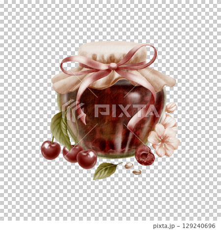 Cherry jam in glass jar covered fabric lid with ribbon bow,cherries,leaves,beans.Watercolor illustration isolated on white.Marmelade jar,cherries,flowers leaves with pits in vintage style Cherry jam in glass jar covered fabric lid with ribbon bow,cherries,leaves,beans.Watercolor illustration isolated on white.Marmelade jar,cherries,flowers leaves with pits in vintage style 129240696