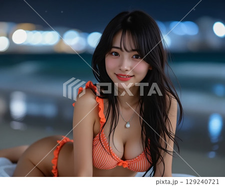 夜景が美しいビーチでうつ伏せのポーズになるオレンジビキニで髪の濡れた女性 夜景が美しいビーチでうつ伏せのポーズになるオレンジビキニで髪の濡れた女性 129240721