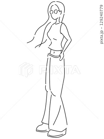 デニムを履いたサングラス女性のイラスト　線画 129240779