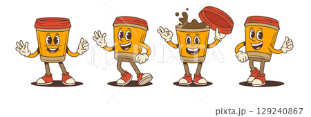 Cheerful Coffee Cup Mascots With Fun Gestures Splashing Lid And Happy Faces Vector Illustration 129240867