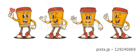 Happy Coffee Cup Characters With Heart Wink Wave And Energetic Poses Vector Illustration 129240869