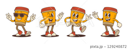 Cheerful Paper Coffee Cup Mascots With Sunglasses Peace Signs Thumbs Up Jumping Energetic Smiles Friendly Vector Illustration 129240872
