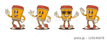 Cool Coffee Cup Mascots With Peace Rock On Sunglasses OK Gesture Fun Expressions Vector Illustration 129240876