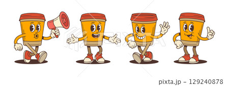 Happy Coffee Cup Mascots With Megaphone Welcome Wave And Thumbs Up Poses Vector Illustration 129240878