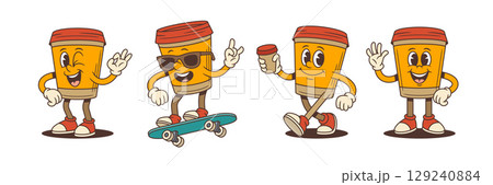 Cool Coffee Cup Mascots With Sunglasses Peace Signs And Happy Summer Poses Vector Illustration 129240884