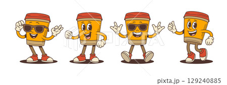 Energetic Cartoon Coffee Cup Mascots Wearing Sunglasses Dancing Jumping And Waving Hands Vector Illustration Energetic Cartoon Coffee Cup Mascots Wearing Sunglasses Dancing Jumping And Waving Hands Vector Illustration 129240885