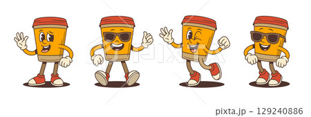 Cheerful Cartoon Coffee Cup Mascots Waving Running Wearing Sunglasses Red Sneakers Vector Illustration 129240886