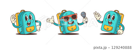 Cheerful Cartoon School Backpacks With Fun Poses And Faces For Kids Design Vector Illustration Cheerful Cartoon School Backpacks With Fun Poses And Faces For Kids Design Vector Illustration 129240888