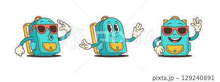 Smiling Cartoon Backpacks With Sunglasses And Fun Hand Gestures For School Projects Vector Illustration 129240891