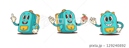 Happy Cartoon School Backpacks With Apple Sunglasses And Fun Gestures For Kids Design Vector Illustration 129240892