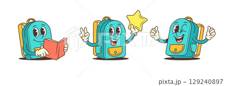 Cute Cartoon Backpack Character With Star Book And Thumbs Up For School Themes Vector Illustration 129240897