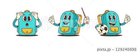 Cheerful Cartoon Backpack Mascot Showing Surprise Confidence And Sporty Joy For School Vector Illustration Cheerful Cartoon Backpack Mascot Showing Surprise Confidence And Sporty Joy For School Vector Illustration 129240898