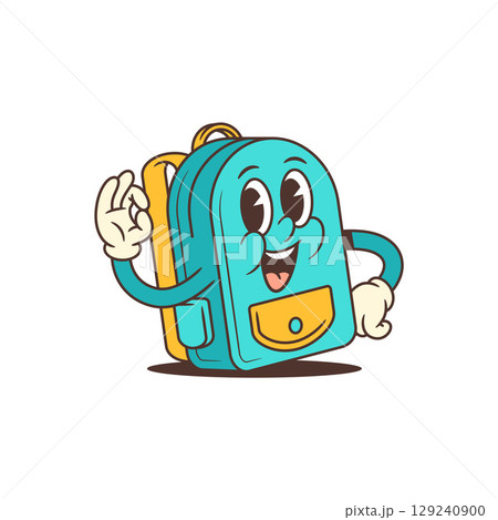 Cheerful Retro Backpack Mascot with Happy Face and OK Gesture Cartoon Style Vector Illustration 129240900