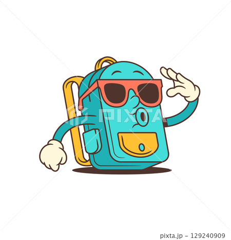Cool Blue Backpack Mascot With Sunglasses Giving Salute In Trendy Confident Pose Vector Illustration 129240909