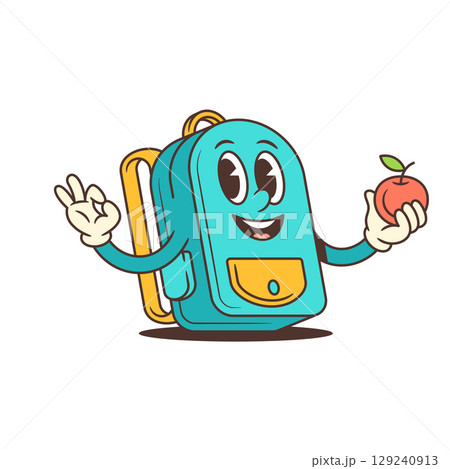 Happy Blue Backpack Mascot Holding Apple With Friendly Educational Expression Vector Illustration 129240913