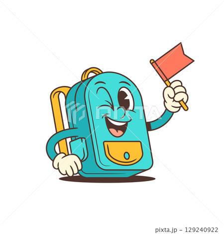 Winking School Backpack Mascot Holding Flag In Confident Celebratory Pose Vector Illustration 129240922