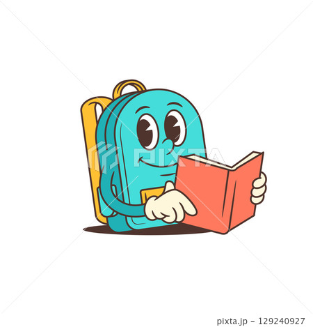 Cartoon Backpack Mascot Holding Book With Happy Face And Yellow Details For School Vector Illustration 129240927