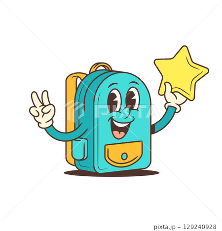 Cheerful Cartoon Backpack Mascot Holding Star and Making Peace Sign Vector Illustration Cheerful Cartoon Backpack Mascot Holding Star and Making Peace Sign Vector Illustration 129240928