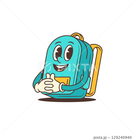 Cheerful School Backpack Mascot With Intertwined Hands Smiling Friendly Cheerful School Backpack Mascot With Intertwined Hands Smiling Friendly 129240940